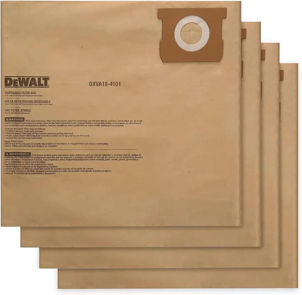 4 PACK DEWALT Dust Bags DXVA19-4101, DEWALT Vacuum Bags for 6-10 Gallon Wet/Dry Vacuum, Shop Vac Bag Compatible with DXV06P DXV09P DXV09PA DXV10P DXV10PL DXV10S DXV10SA DXV10SB