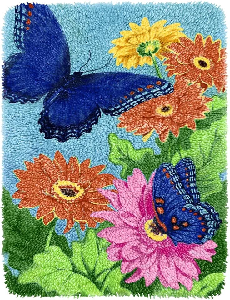 Yjunue Butterfly Floral Latch Hook Kits for Adults, DIY Crochet Yarn Rugs Hooking Craft Kit with Color Preprinted Pattern Design for Adults and Beginners(Butterfly, 20 x 15in)
