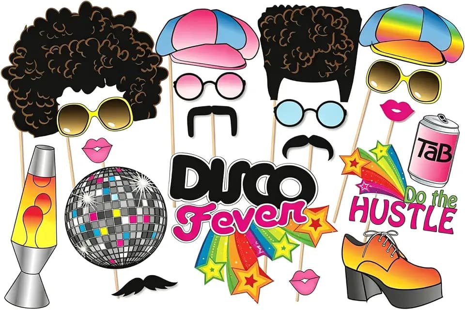 70's Photo Booth Props, 1970s Disco Throwback Party Theme Photo Booth Props Decorations, 20 Pieces with Wooden Sticks for Hippie, Disco Fever, Woodstock Party