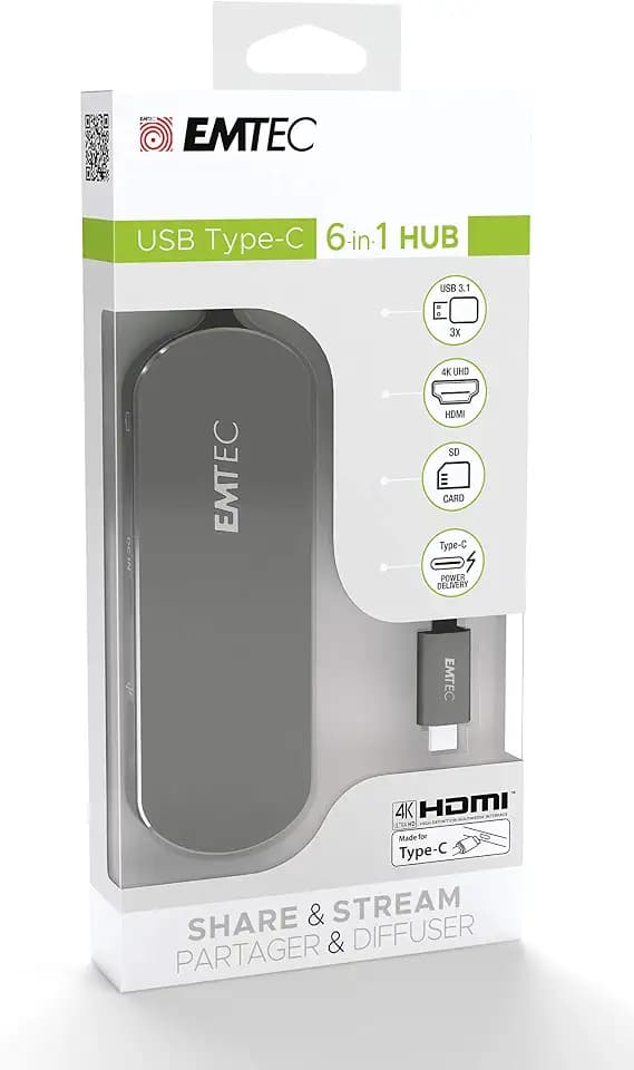 Emtec USB-Type-C Hub T650C inkl. SD Card Reader 3 x USB-A 3.0, USB-C, SD Card Reader, HDMI