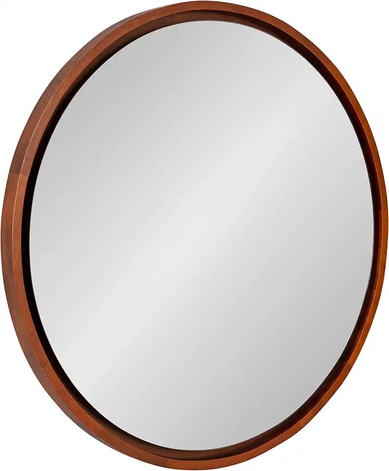 Kate and Laurel Evans Mid-Century Round Wood Framed Wall Mirror, 30 inch Diameter, Walnut Brown, Decorative Modern Mirror for Wall