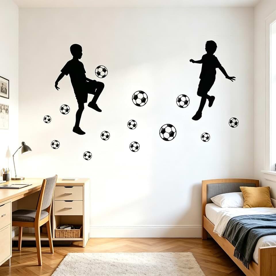 Soccer Wall Decals Peel and Stick for Boys Room - Silhouette of Soccer Players Kicking Ball Multiple Football, Sports Themed Bedroom Decor Stickers for Kids, Nursery, Playroom - Removable Vinyl Mural