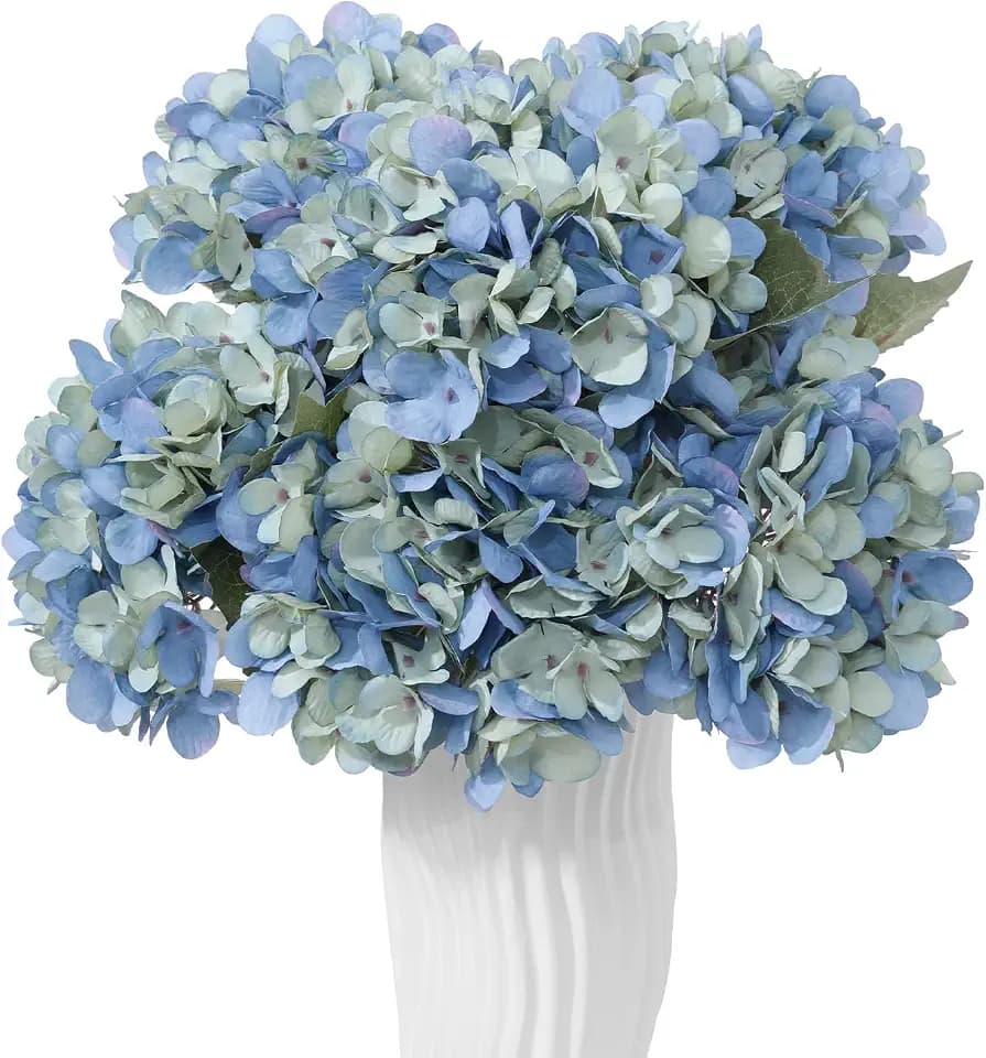 6PCS Realistic Artificial Silk Hydrangea Flowers, Premium Fake Hydrangea Flowers Bouquet with Stems, Full Faux Hydrangea Blooms for Home Wedding Table Party Office Decorations(Deep Lake Blue)