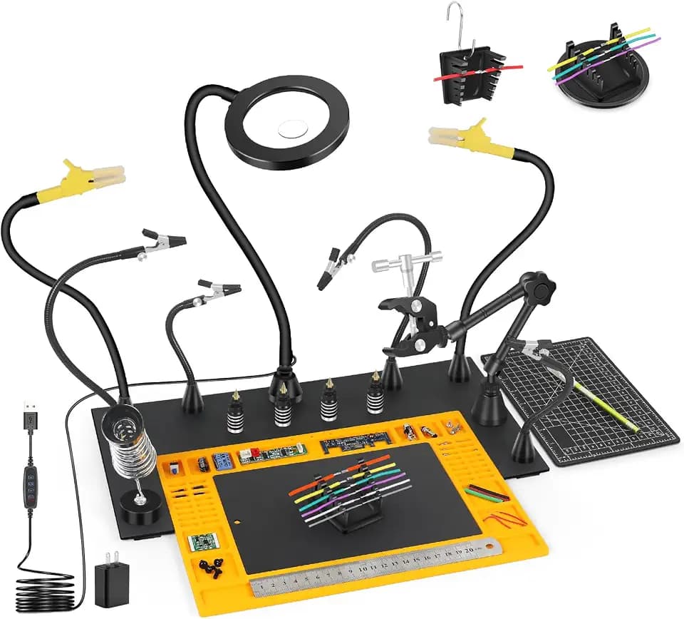 Helping Hands Soldering Station with Heavy-Duty Steel Base, Non-Slip Silicone Pad, 10+ Magnetic Accessories Kit, 10X 5X Magnifying Lamp, Third Hand Soldering Tool for Craft PCB Jewelry Making Modeling