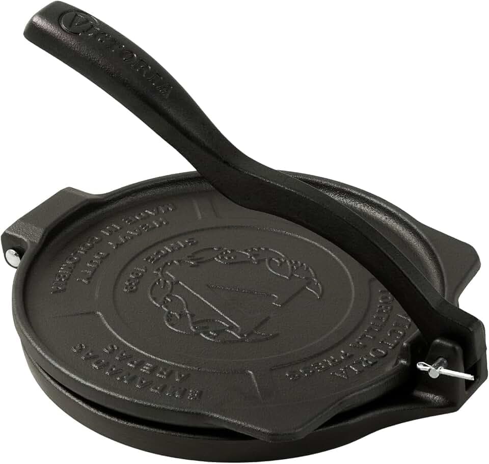 Victoria Cast Iron Tortilla Press HD, Flour Tortilla press, Rotis Press, Dough Press, Pataconera Seasoned with Flaxeed Oil, Black, 8-Inch
