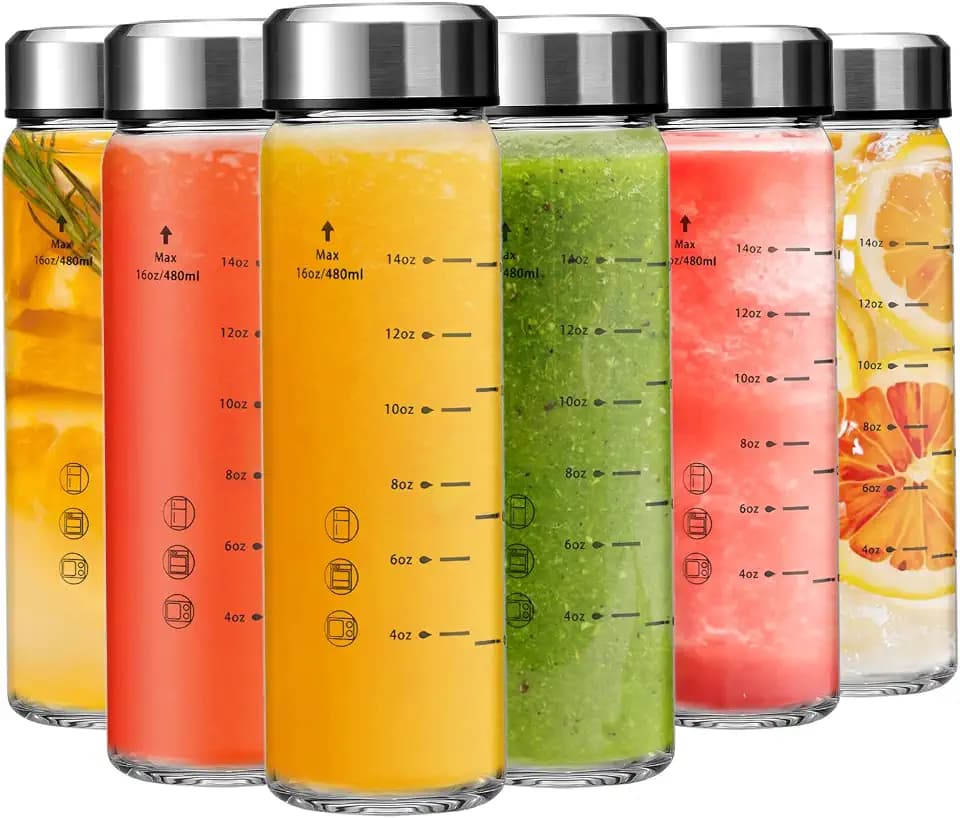 16oz Juice Bottles - 6 Pack Wide Mouth Glass Bottles with Lids- BPA Free, Stainless Steel Lids for Juicing, Smoothies, Infused Water, Beverage Storage - Leakproof, Borosilicate, Clear