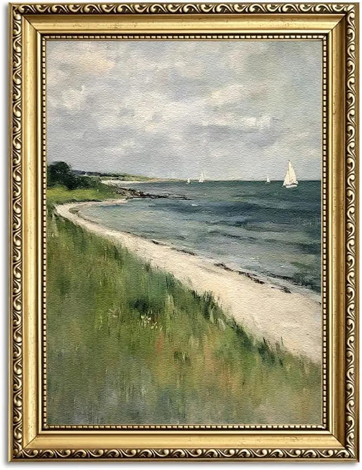 Gold Framed Coastal Wall Art Vintage Sailboat Beach Landscape Painting Nautical Ocean Wall Decor 3D Sandstone Textured Picture for Living Room Bedroom Farmhouse 16x24 Inch