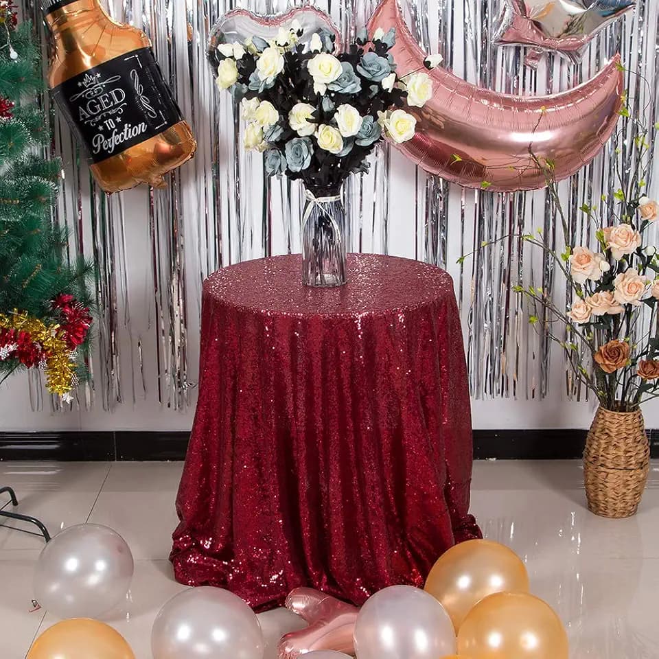 JYFLZQ Burgundy Sequin Tablecloth, Glitter Party Table Cover 90 Inch Round