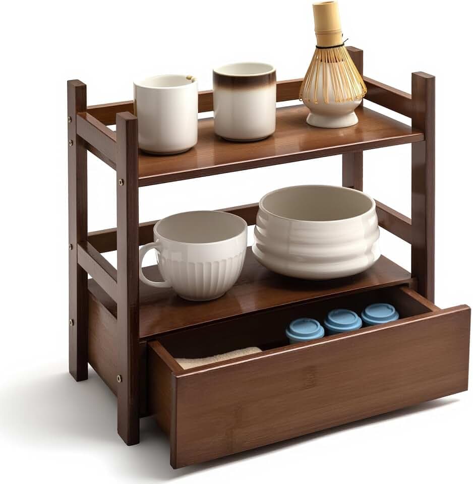 Chunful 2 Tier Bamboo Matcha Station Organizer with Drawer, Brown