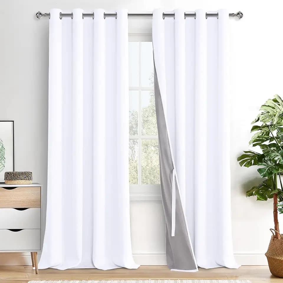 XWZO 100% Blackout Curtain Panels - Thermal Insulated Black Liner Curtains, Noise Reducing and Heat Blocking Drapes for Hall and Studio Windows with Tiebacks, White, W52 x L95, Set of 2