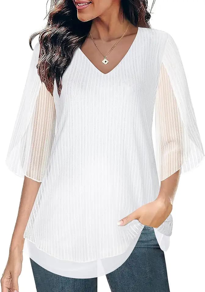SeSe Code Womens Ruffle 3/4 Sleeve Mesh Blouses Loose Flowy Tops Stretchy Shirts