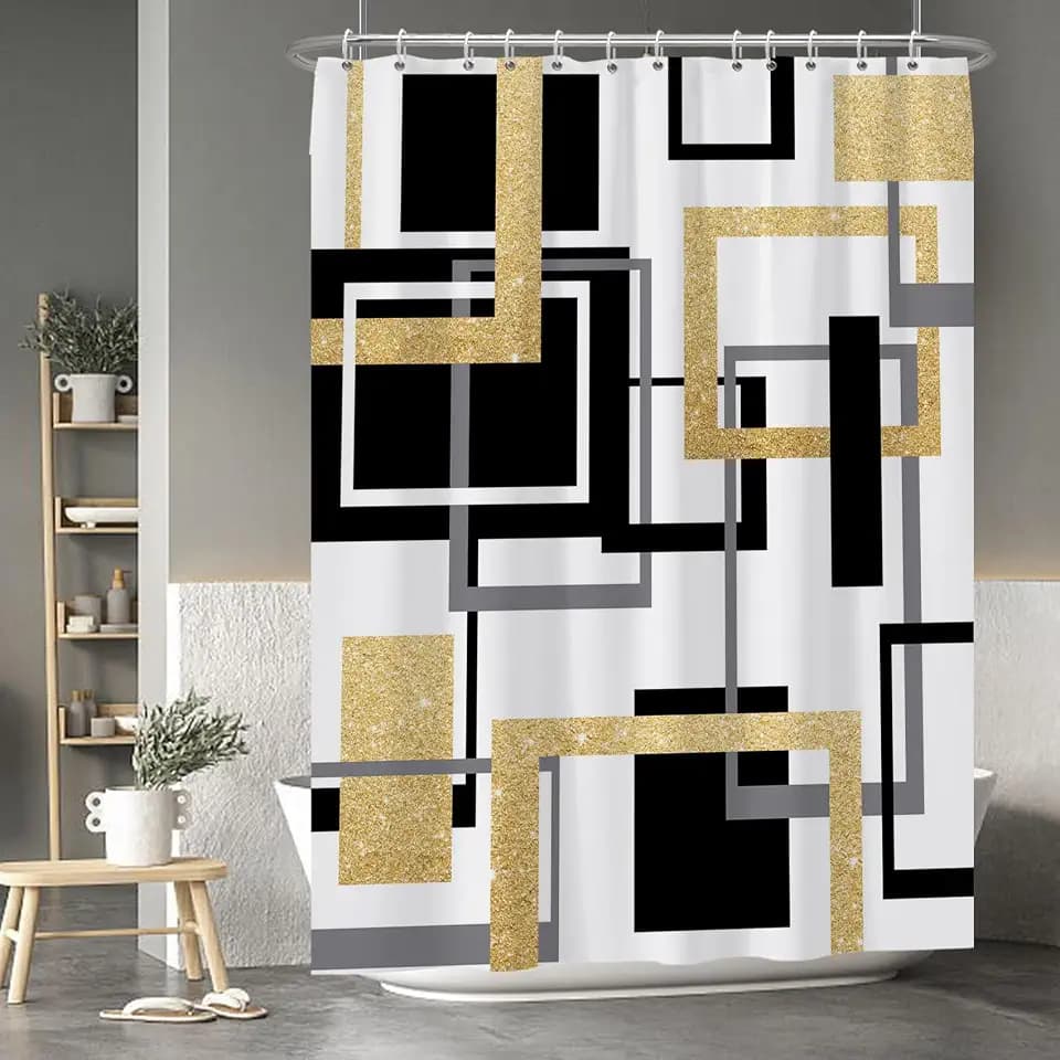 Baocicoo Modern Geometric Shower Curtain - Black White Gold Squares Bath Abstract Mid Century Farmhouse Hotel Home Bathtub Decor Waterproof With Hooks 72x96 Inches
