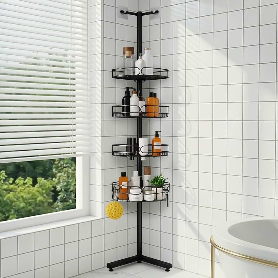 Standing Shower Caddy Corner, 4-Tier Adjustable Height Bathroom Organizer, 6-Section Pole, Sturdy Floor Standing Shelf for Shower – No Drilling, No Spring Tension