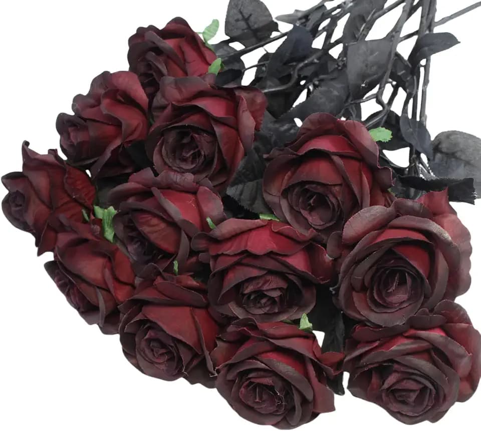Artificial Roses Flowers, 12 Pcs Fake Burgundy Rose in Bulk, Long Stem Realistic Silk Roses Bouquet for Halloween Decoration, Fall Home Decor, Centerpieces, Flower Arrangement (Burgundy, 12-PCS)