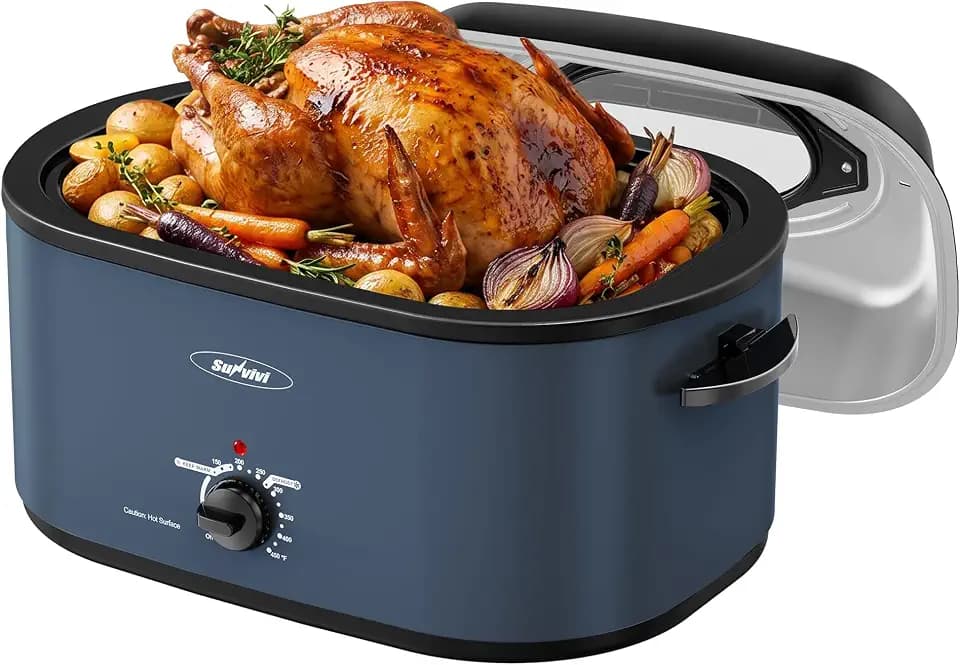 30QT Electric Roaster Oven, 30LB Large Turkey Roaster with Viewing Window, 360° Heat Circulation for Crispy Skin, Precise Temp Control, Non-Stick Pan for Thanksgiving & Meal Prep, Blue