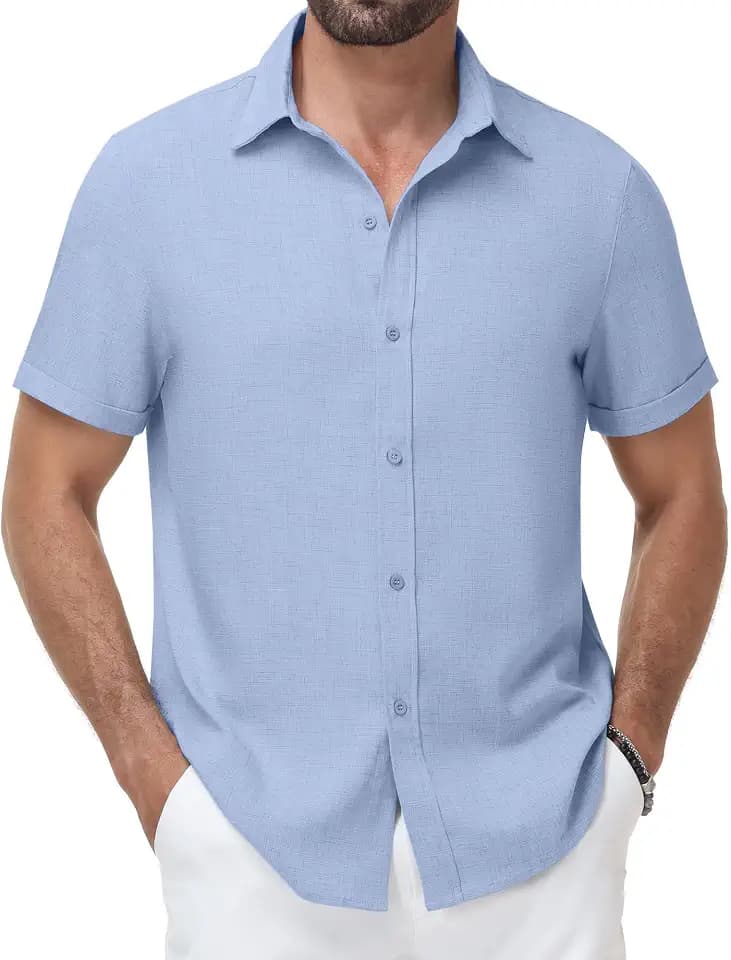 Runhit Men's Linen Textured Shirt Short Sleeve Casual Button Down Shirt for Men Beach Summer Wedding Vacation Top Lightweight