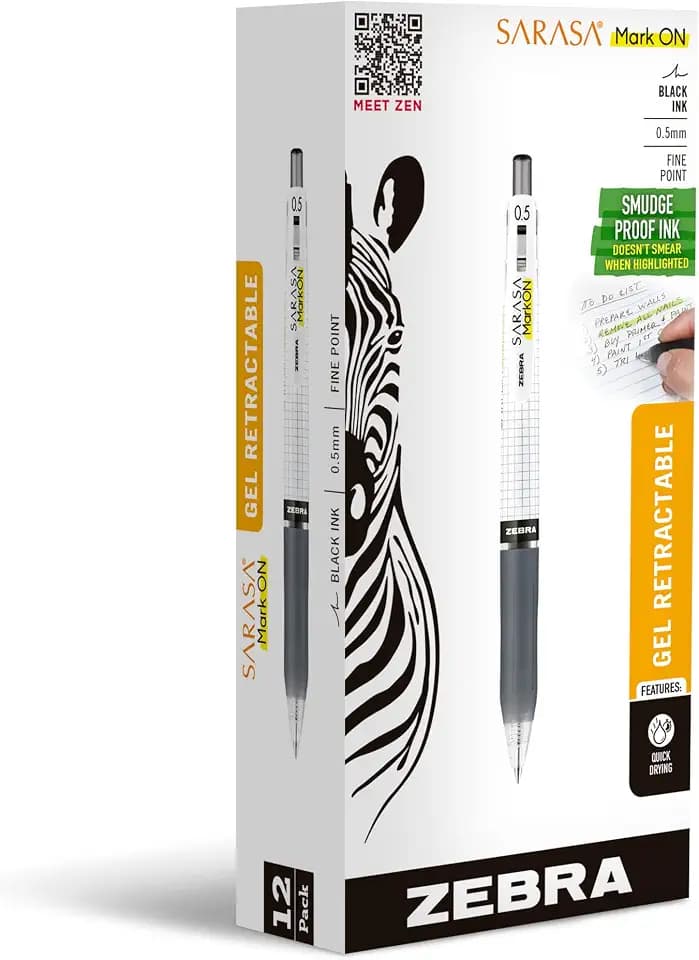 Zebra Pen SARASA MarkOn Retractable Gel Pen, Black Ink, 0.5mm, 12-Pack