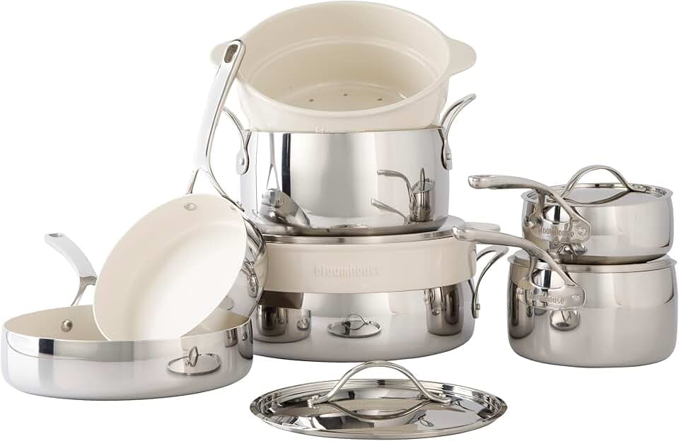 Bloomhouse 12 Piece Triply Stainless Steel Pots and Pans Cookware Set w/Non-Stick Non-Toxic Ceramic Interior, Ceramic Steamer Inserts, & 12 Protective Care Bags
