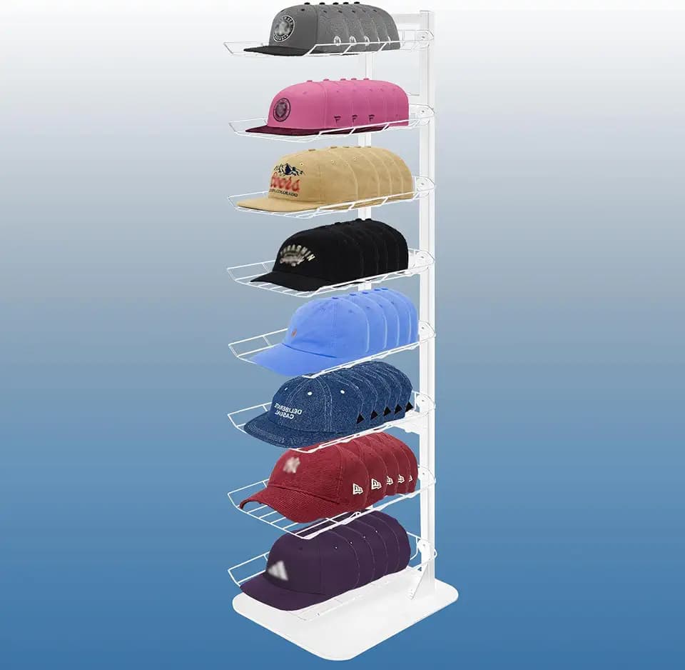 Hat Display 8 Tier, Hat Rack Stand Up to 70 Caps, Metal Hat Stands for Multiple Hats, Commercial Retail Hats Display, White