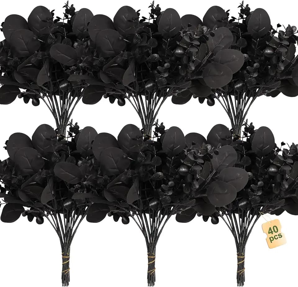 ZeKonan 40 Pcs Artificial Black Eucalyptus Stems Fake Halloween Flowers