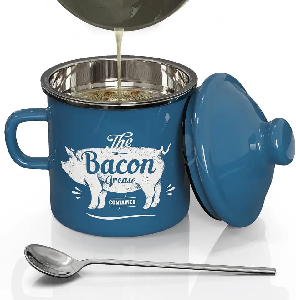 Bacon Grease Container with Strainer-15OZ Enamel Saver, Dishwasher Safe