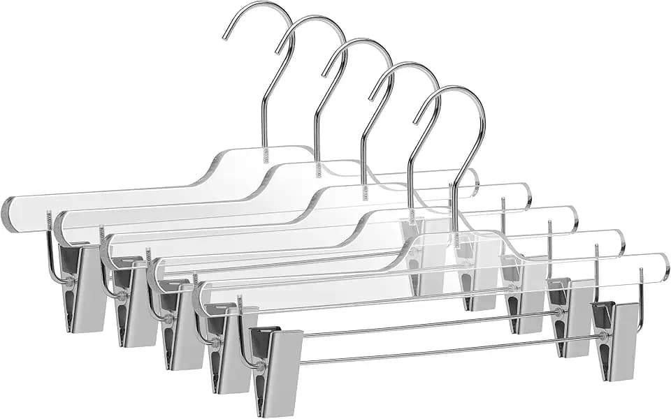 Quality Lucite Acrylic Clear Skirt Pants Trousers Bottom Hangers with Adjustable Chrome Metal Clips, Made of Clear Acrylic for a Luxurious Look and Feel with Swivel Hook (Clear - Pant/Skirt, 5)