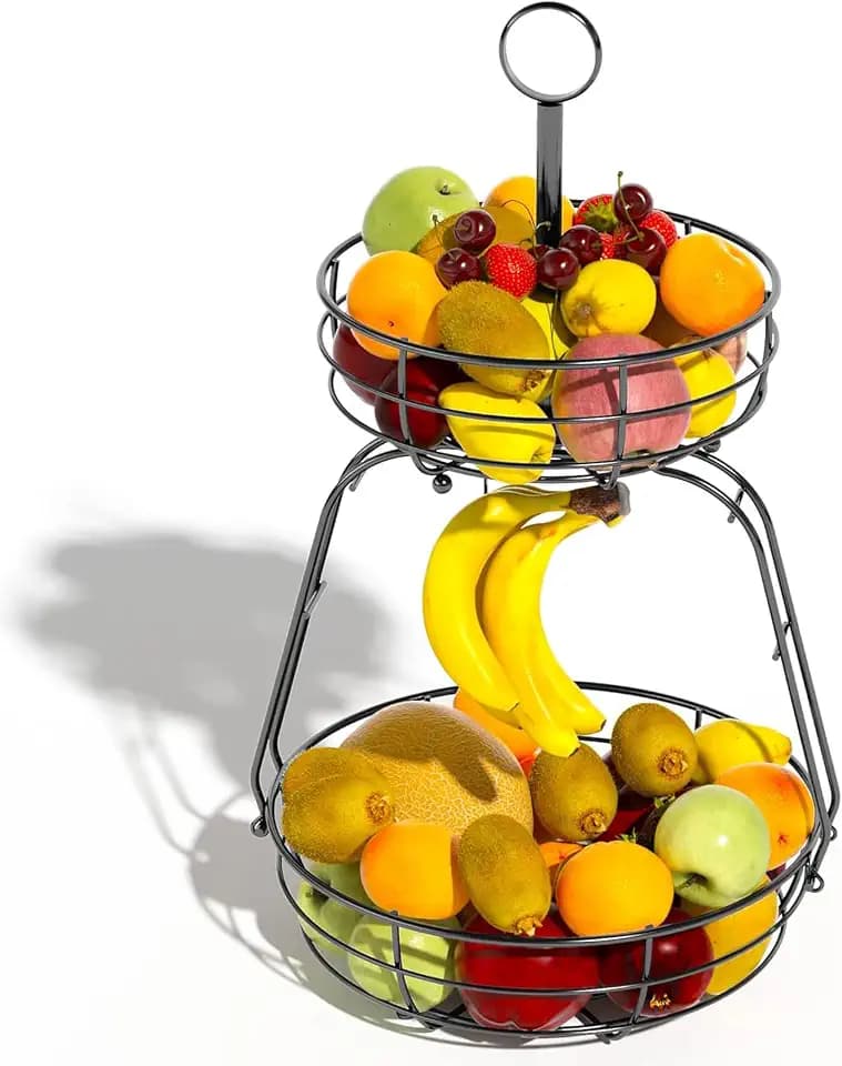 House Warming Gifts New Home, Fruit Basket for Kitchen Counter, 2 Tier Countertop Fruit Bowl Vegetable Baskets with Banana Hanger, Storage Basket for Snack, Home Decor, Kitchen Appliances