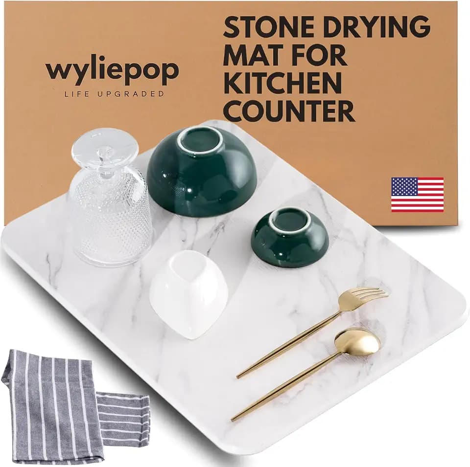 Stone Drying Mat for Kitchen Counter – Diatomaceous Earth Dish Drying Stone (White Marble) – Modern Countertop Drying Rack – Water Absorbent, Heat Resistant, Non-Slip Kitchen Mat with Towel (16"x12")