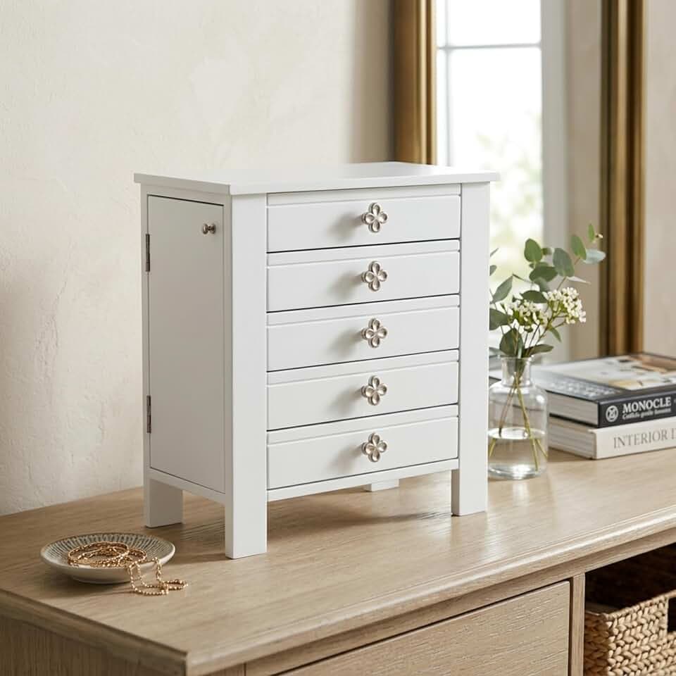 Hives & Honey Emma Wooden Jewelry Organizer - Tabletop Storage Chest with 4 Drawers, Multi-Compartment Design, Necklace Hooks, 2 Doors & Accent Knobs, White