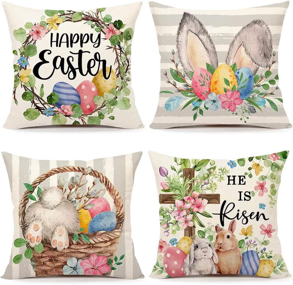 4TH Emotion Gray Easter Pillow Covers 20x20 Set of 4, He is Risen Bunny Floral Eggs Farmhouse Decorations Spring Holiday Decor Throw Cushion Case for Home Couch TH211-20
