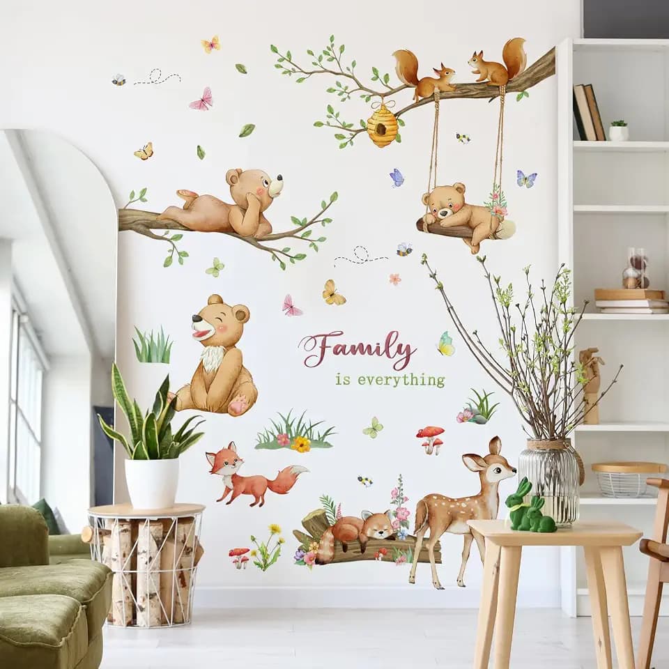 Forest Animal Family Wall Stickers Watercolor Bear Fox Deer Wall Decals Spring and Summer Peel and Stick Decor for Kids Room Living Room