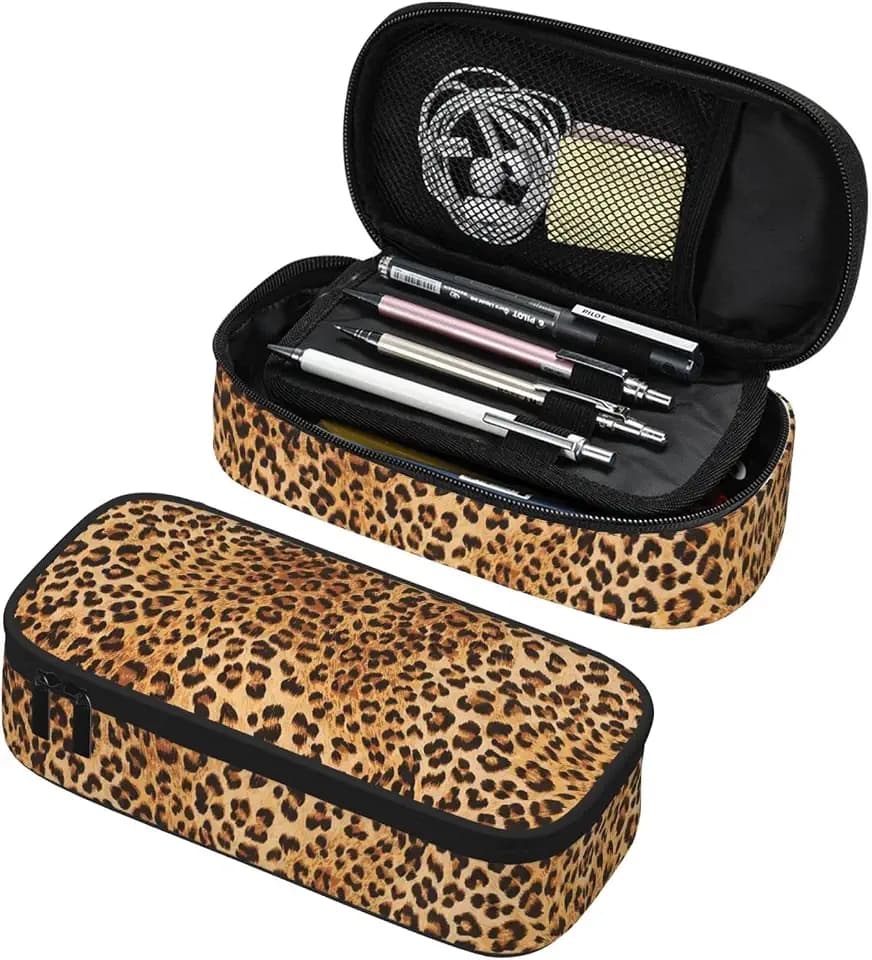 Leopard Print Pencil Case for Girls and Kids Cute Pen Box Pouch Cheetah Print Pencil Bag with Double Zipper, Portable Pencil Pouch for School Office Supplies
