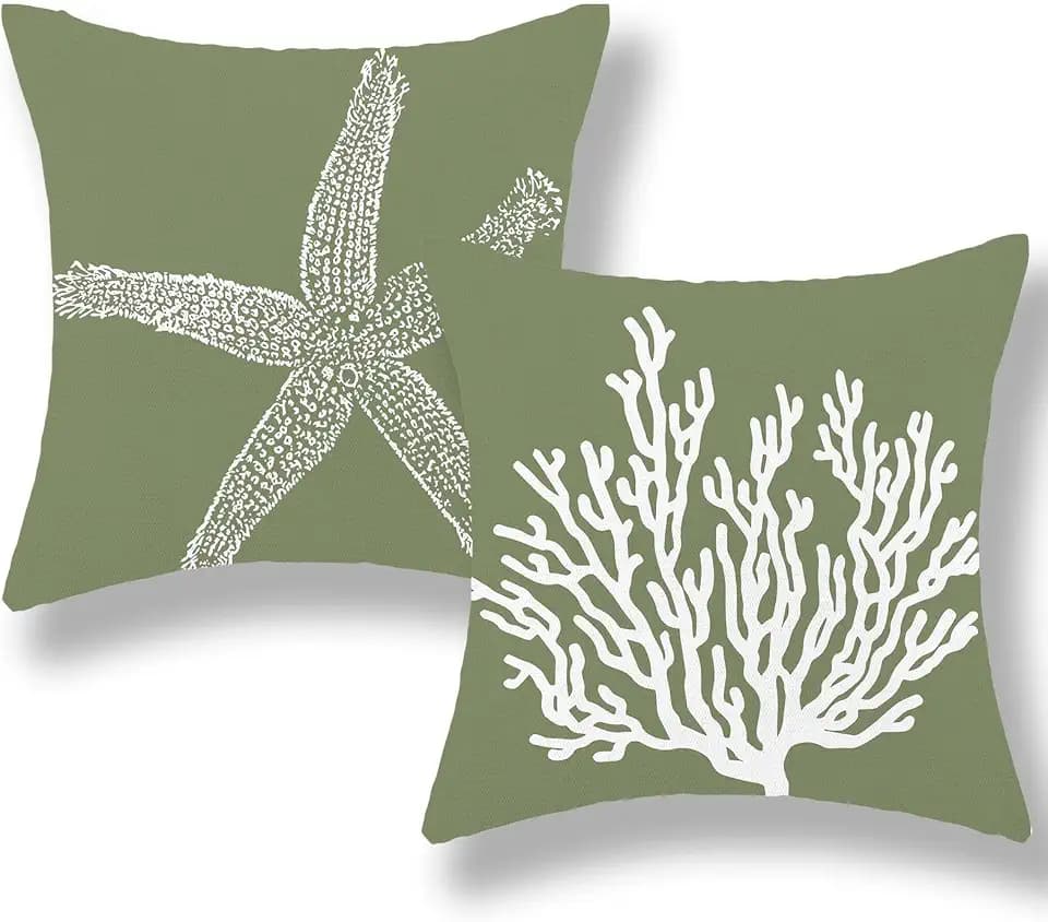 Coastal Pillow Covers 18x18 Set of 2 Sage Green Coral Starfish Throw Pillows Nautical Ocean Decorations Spring Summer Beach Pillowcase Outdoor Decor Linen Farmhouse Cushion Case for Home Sofa