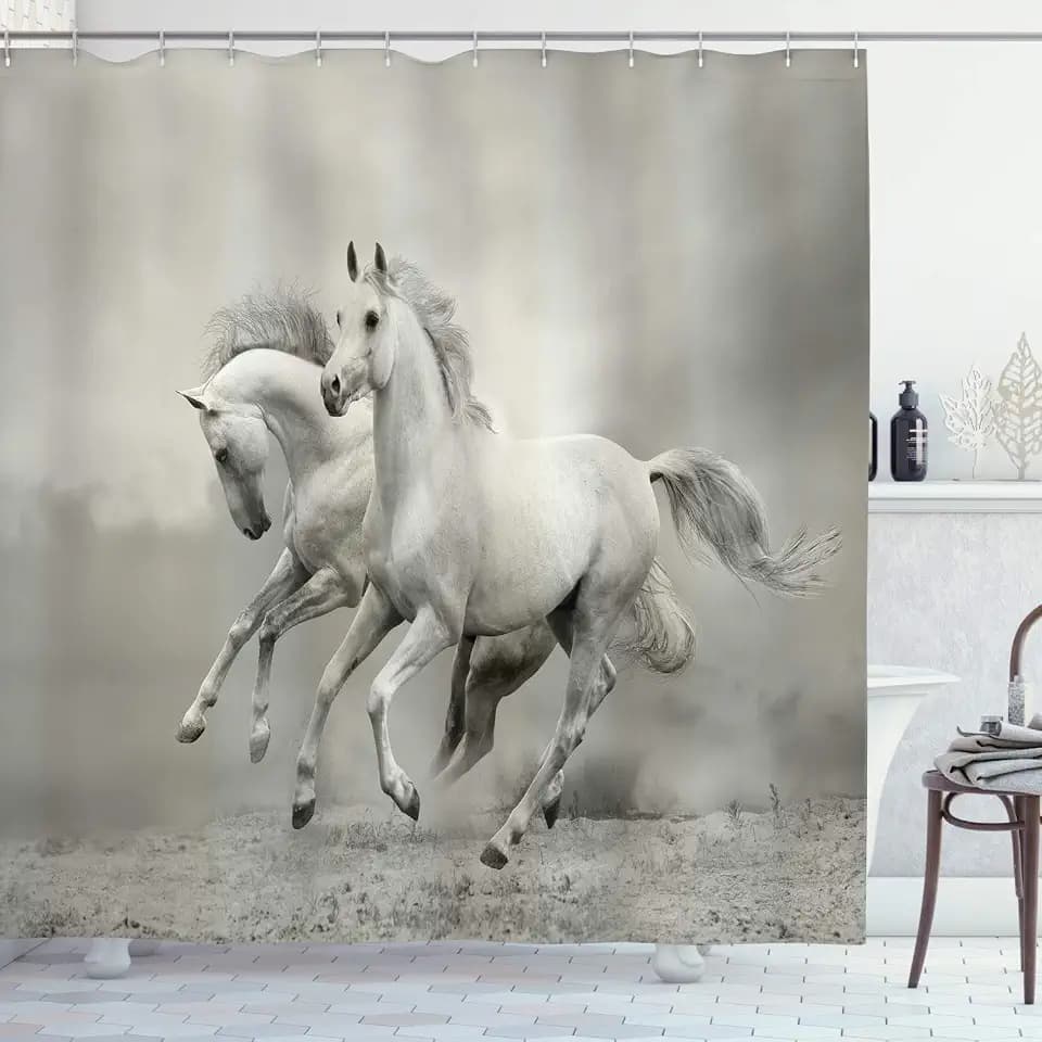 Ambesonne Horses Shower Curtain, Running Horses Symbolizing Passion for Freedom Creatures Photo Print, Cloth Fabric Bathroom Decor Set with Hooks, 69" W x 84" L, White and Black