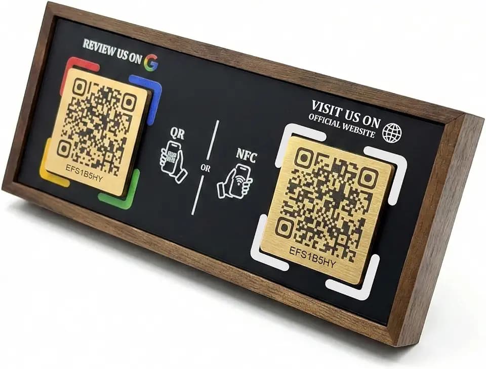 NFC & QR Code Dual Social Media Walnut Stand for Google Reviews & Websites