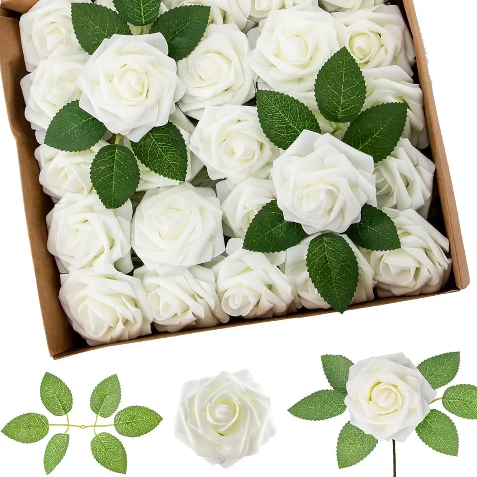 Cliselda 100Pcs Artificial Flowers Ivory White Fake Foam Roses with Stems
