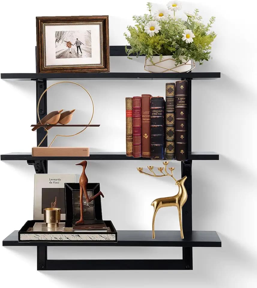 24-Inch Floating Shelves for Wall,3-Tier Wooden Wall Mounted Kitchen Shelves with Foldable Brackets,Hanging Wall Shelves for Living Room, Coffee Bar,Bedroom, Bathroom,Classic Black