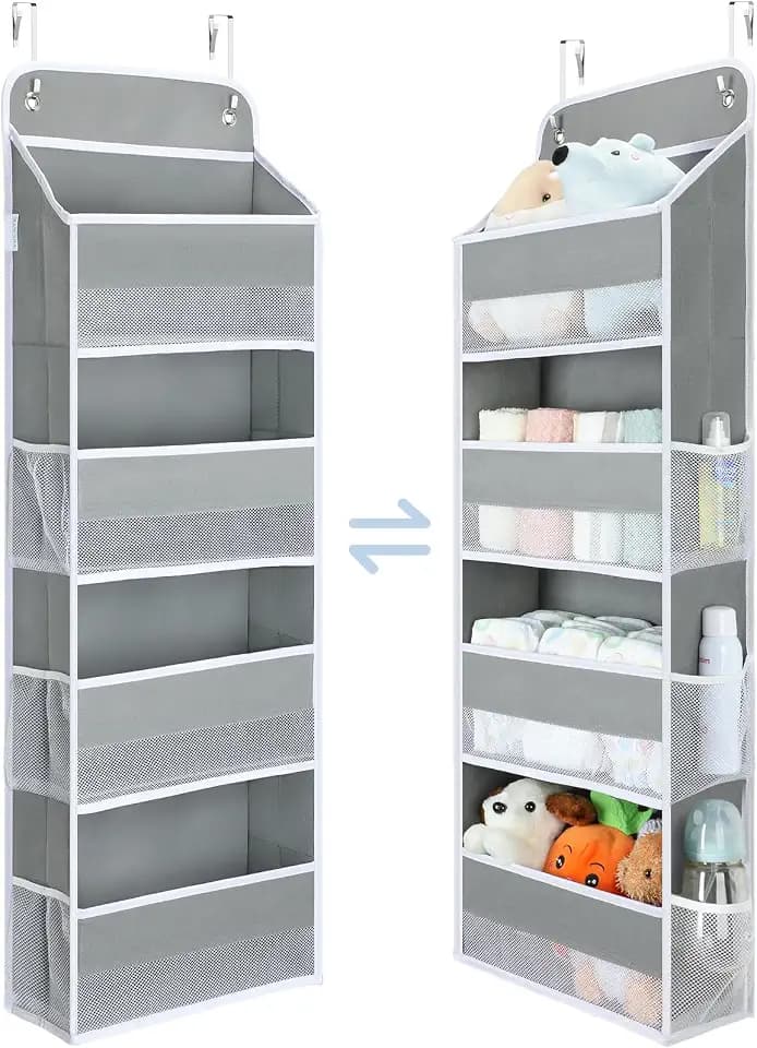 Yecaye 1 Pack Over the Door Organizer, 35.2lbs Load Toy Stuffed Animal Storage, Large Capacity Swing-proof Hanging Bathroom Organizers and Storage for Nursery Newborn Baby Essential Stuff Grey