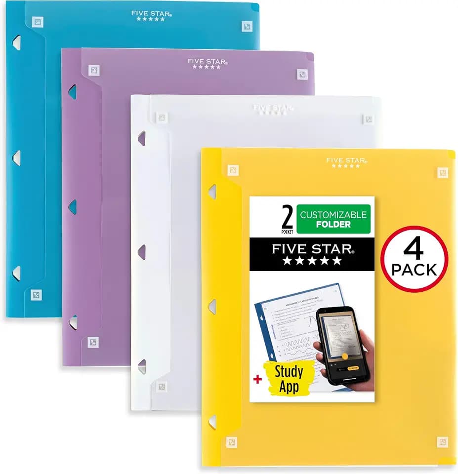 Five Star 2-Pocket Folder + Study App, 4 Pack, Customizable Cover, Fits 3 Ring Binder, Assorted Trend Colors (330092B-ECM)