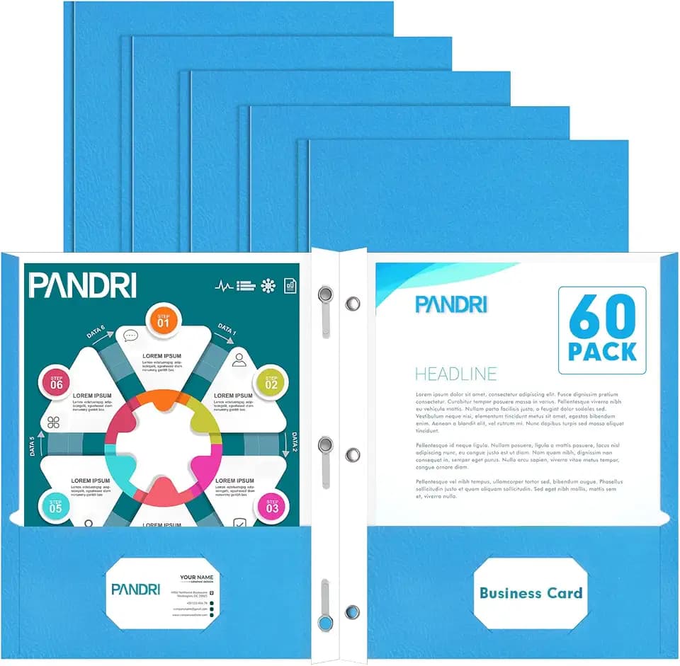 PANDRI 60 Pack Two Pocket Paper Folders with Prongs, Letter Size(Lightblue)