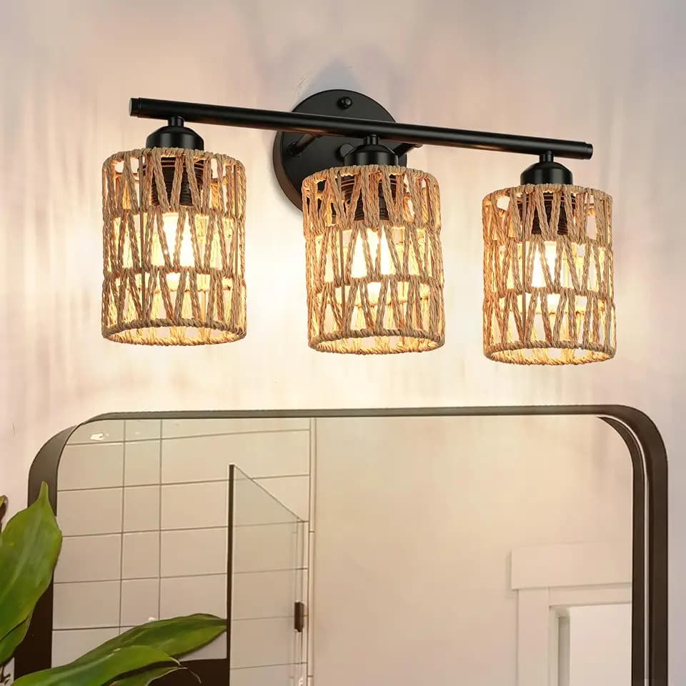 Frideko 3-Light Bathroom Vanity Light Fixtures, Rattan Bathroom Lighting Fixtures Over Mirror, Boho Wall Sconces with Woven Lampshade, Wall Lamp for Farmhouse Living Room Bedroom (Bulbs Not Included)
