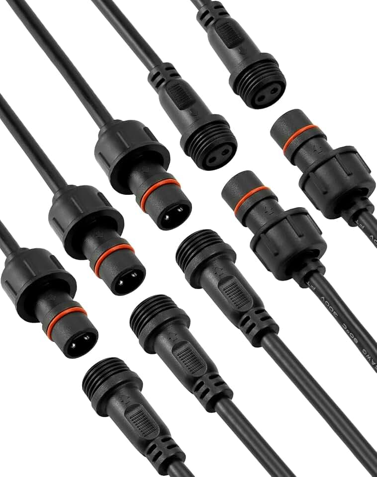 QWORK® 5 Paar 2-Poliger Elektrischer Steckverbinder IP65 Wasserdichter mit 18AWG 20cm Verlängerungskabel für Lichterketten LED Lichtleisten