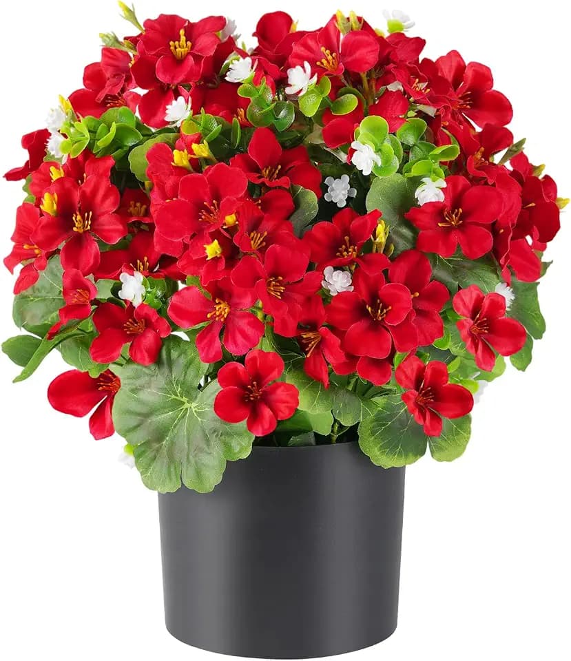 15'' Fake Plants Artificial Geraniums Flowers in Pot Home Decor(Red)