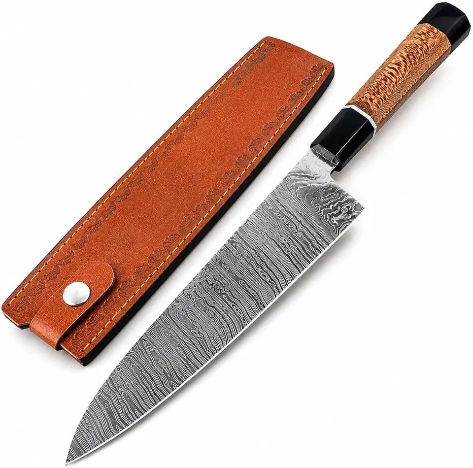 Aimm Hand Forged Damascus Chef Knife 15 Inch, Japanese Kitchen Cooking Knife, Professional Gyuto Cleaver for Meat Cutting, Ergonomic Oak Wood Handle with Premium Leather Sheath, Gift for men