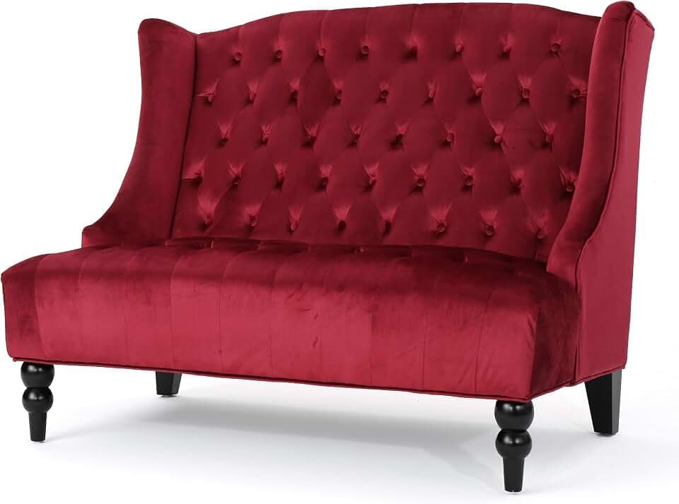 Christopher Knight Home GDFStudio Leona Modern Glam Tufted Velvet Wingback Loveseat, Wine and Dark Brown, 34.00 ''D x 50.25‘’W x 38.50'' H