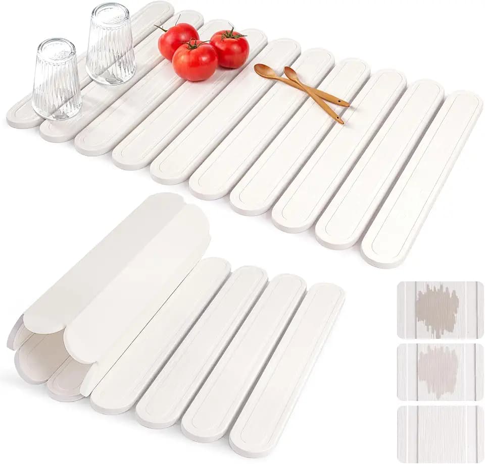 Collapsible Stone Dish Drying Mat for Kitchen Counter, 24"×16" Large White Dish Drying Pad, Eco-Friendly Diatomaceous Earth Mat, Quick Dry, No Odor