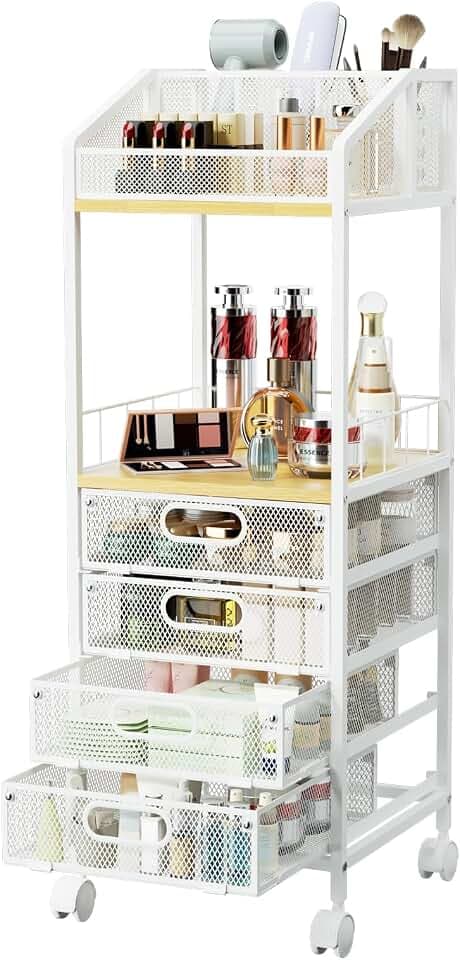 HapiRm Rolling Cart Makeup Organizer - Metal Makeup Cart with Wheels and Drawers for Small Spaces & Messy Vanities, Space-Saving Beauty Cosmetics Cart Storage Cabinet Stand for Perfume Hair Tools