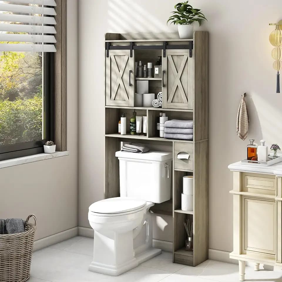 Vabches Over The Toilet Storage Cabinet with Sliding Doors, Grey