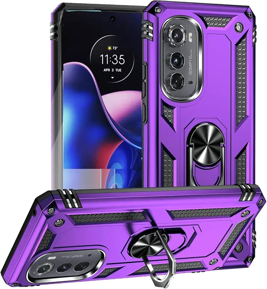 Military Grade Drop Impact for Moto Edge 2022 Case 360 Metal Rotating Ring Kickstand Holder Armor Heavy Duty Shockproof Case for Motorola Moto Edge 2022 Phone Case (Purple)