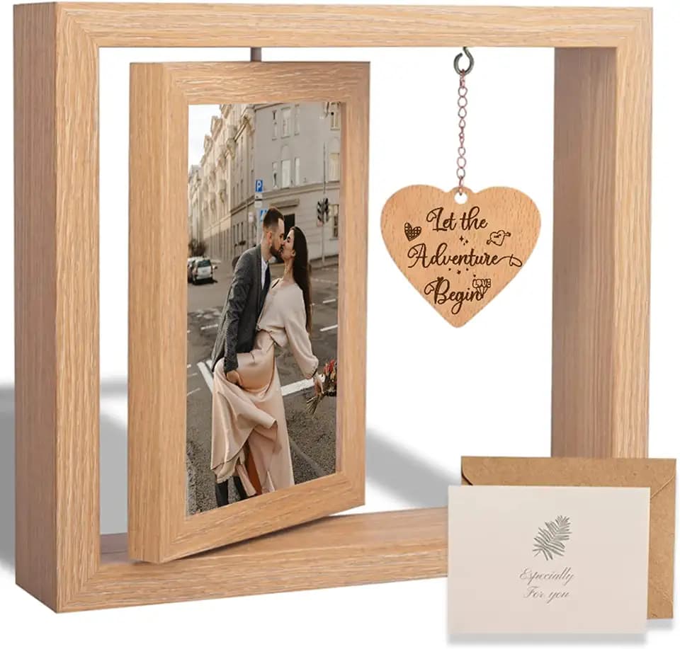 Rotating Floating Let the Adventure Begins Picture Frame, Engagement Gifts for Couples, Rustic 4x6 Floating Picture Frames Cool Wedding Bride to Be Bridal Shower Gifts for Couples Unique 2023 (Romantic Engagement Picture Frames)